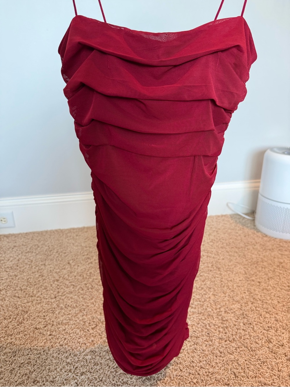 Prince Ruched Wine Red Spaghetti-Strap Midi Skirt